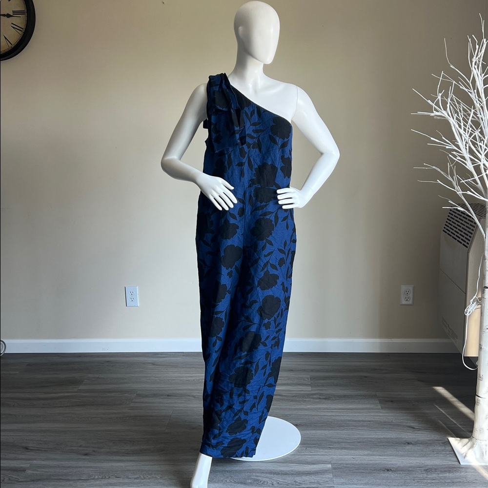 Kate Spade One-Shoulder Jumpsuit in Blue and Black.